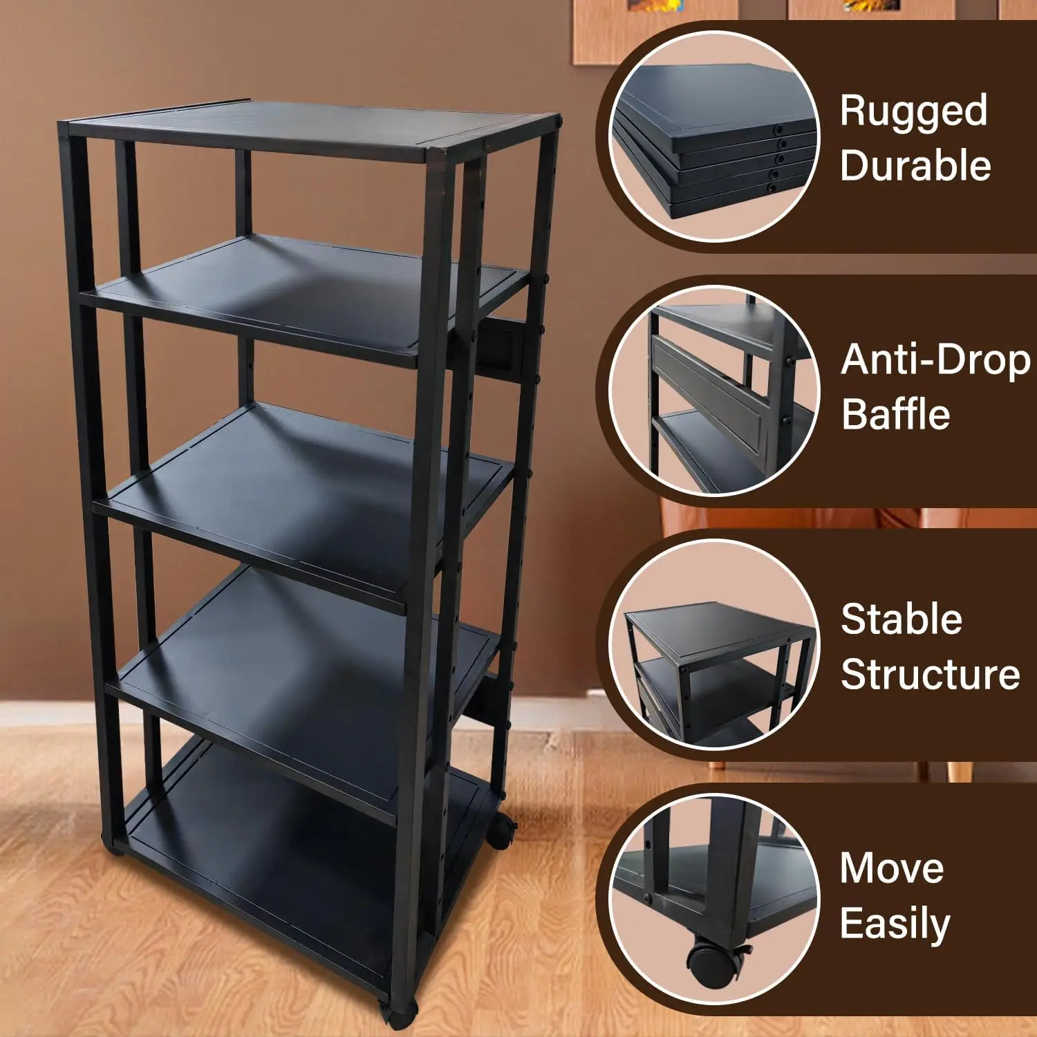 5-Tier AV Media Stand With Wheels, Modern Mobile Stereo Cabinet | Media Console Cabinet with Adjustable Shelves, Metal Audio-Vid