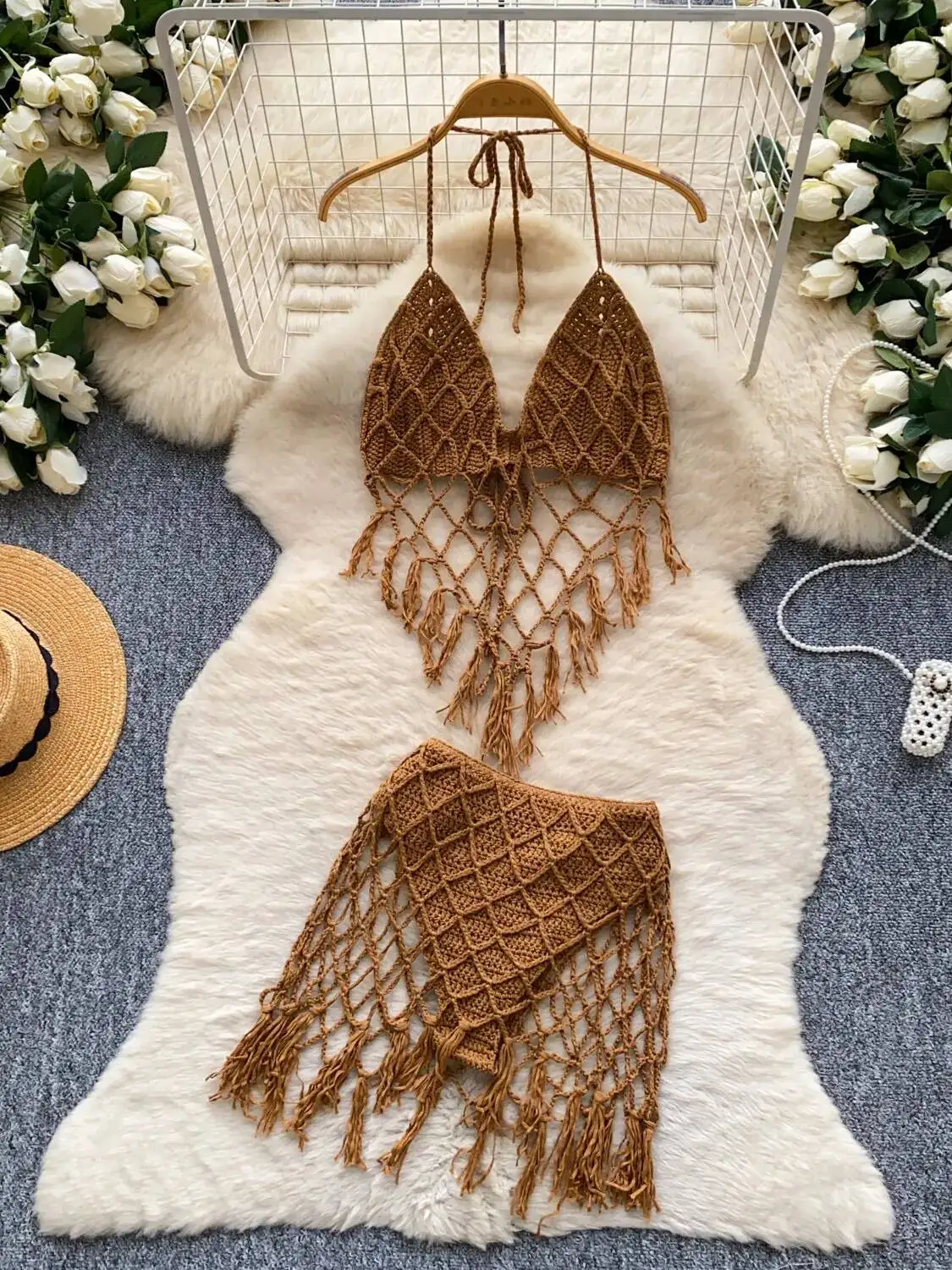 

Summer Hollow Knit Two Piece Sets Women Sexy Halter Top Tassel Skirt Vintage Beach Outfits