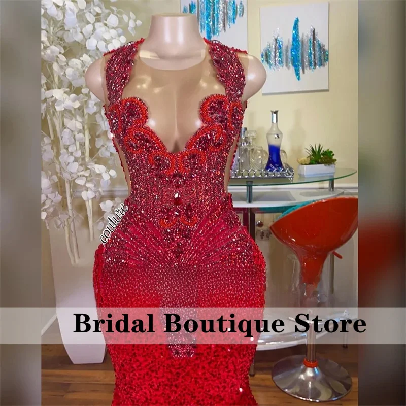

Luxury Red Sequins Prom Dresses For Black Girls 2026 Crystal Rhinestones Evening Party Dress Formal Occasions Dress Customized