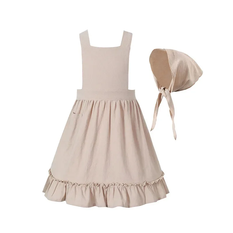 Umorden 4-10Y Kids Child Girls Khaki White Lace Ruffle Apron Bonnet for Pilgrim Girl Village Farm Pioneer Prairie Maid Costume view 4