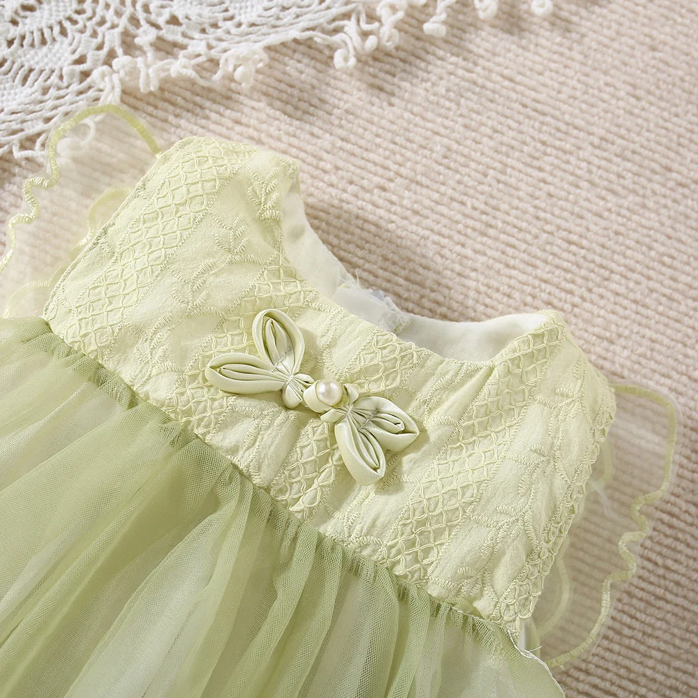 New Summer Baby Girls Dress Round Neck Zipper Bow Butterfly Machine Wings Back Sweet Princess Dress