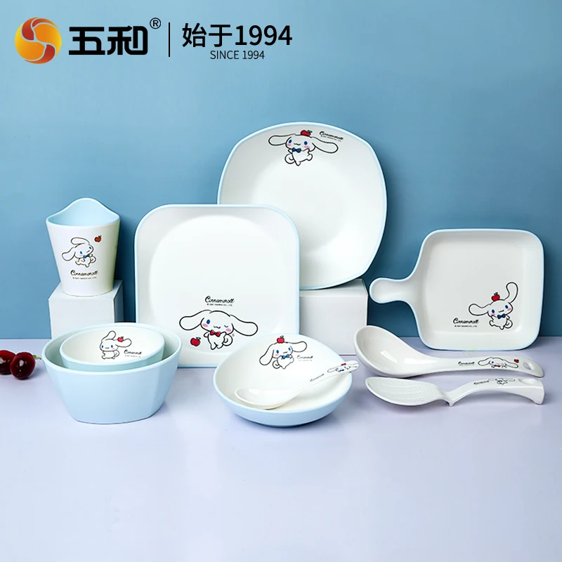 For Sanrio Tableware Japanese Cartoon Cinnamoroll Dinner Plate Bowl Spoons Food Grade Soup Spoon Anti-Fall Noodles Bowl for Kids
