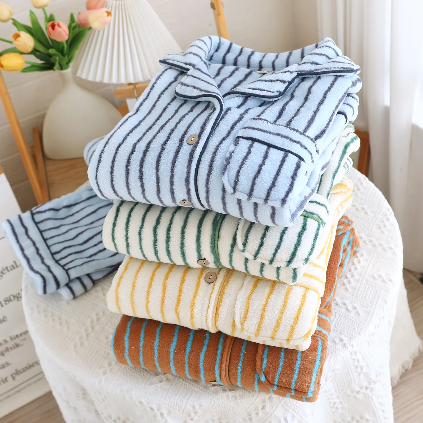 Thick Coral Fleece Pajamas Home Clothes Set for Women Winter Warm Flannel Long Sleeve Striped Sweater Cardigan Long Pants