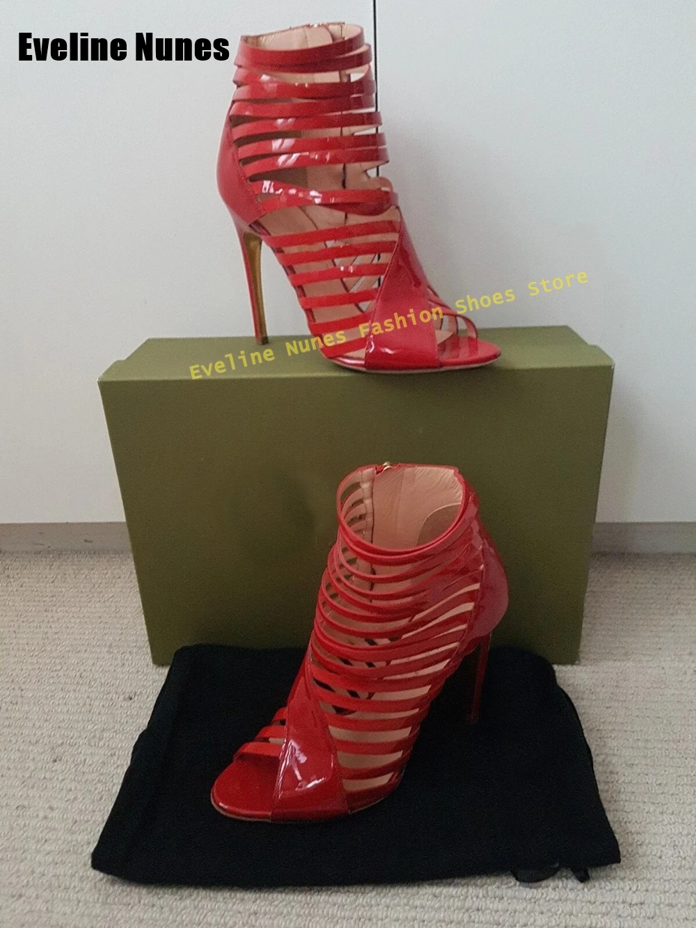 Red Narrow Band Cut Out Sandals Peep Toe Stiletto Zipper Closure Solid Women Sexy Fashion Pumps 2025 Runway Show Summer Shoes