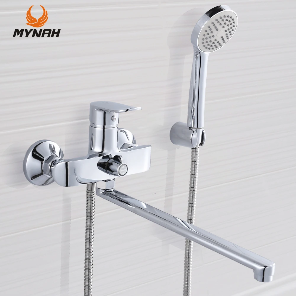 MYNAH Long Spout Rotatable Shower Set Wall Mounted Bathroom Faucet Cold & Hot Water Mixer Bathtub Faucet Double Outlet Water Tap