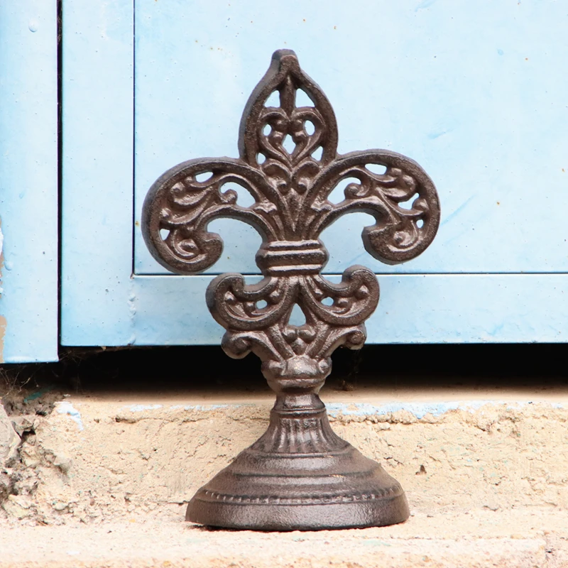 

Antique Rustic Fleur De Lis Cast Iron Door Stop With Bottom Base For Home Indoor Outdoor Garden Front Gate Decoration Heavy Duty