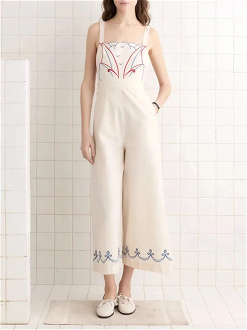 2026 Summer New Women's Embroidered Backless Sleeveless Jumpsuit Versatile High Waisted Ladies White Fashionable Rompers