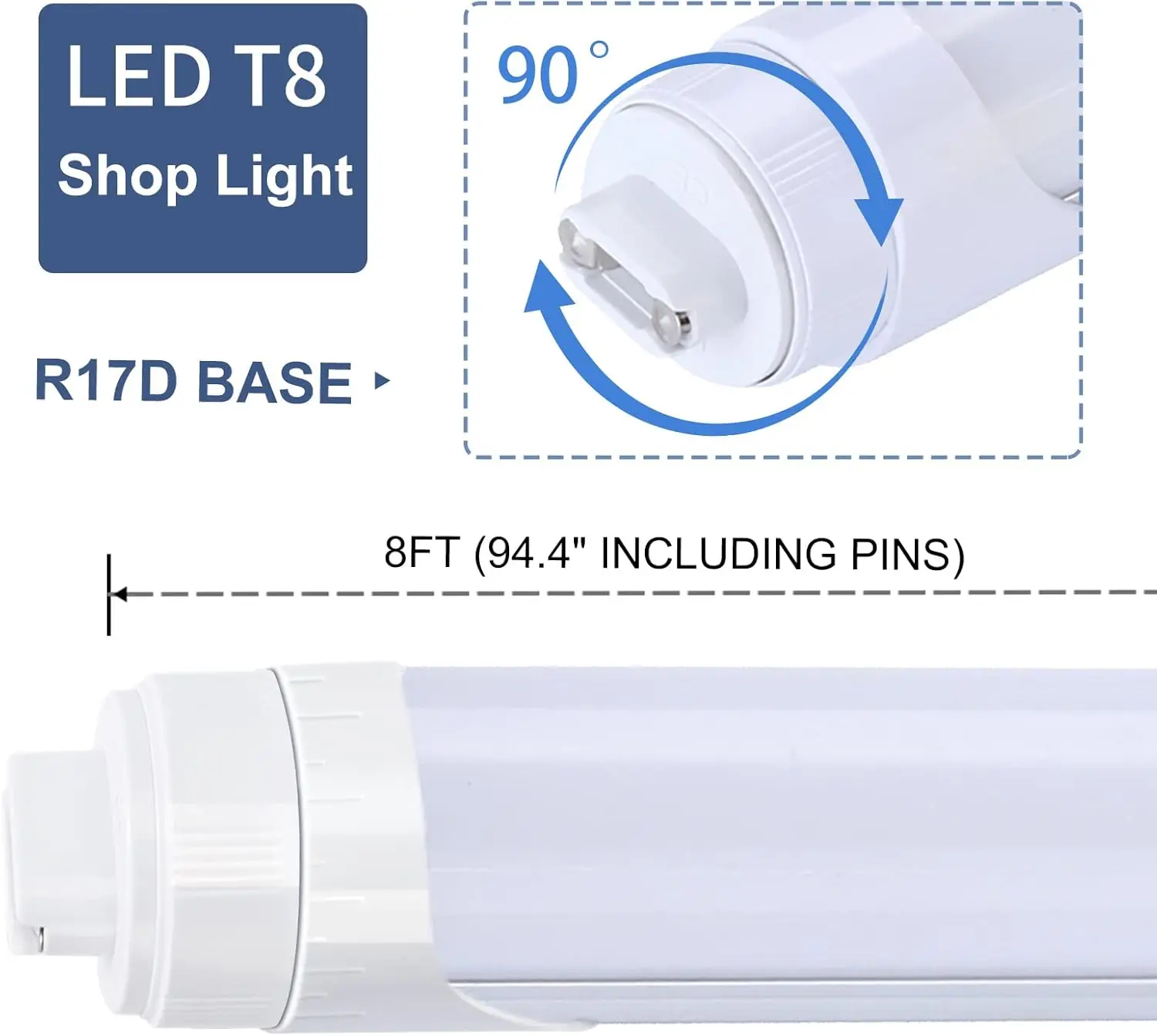 8 Foot 2 Pins LED Tube, T8 T10 T12 Frosted Lens Bulbs Light, 45W 5400LM 6000K, R17D HO Rotatable, Dual-Ended Power Shop Light, B