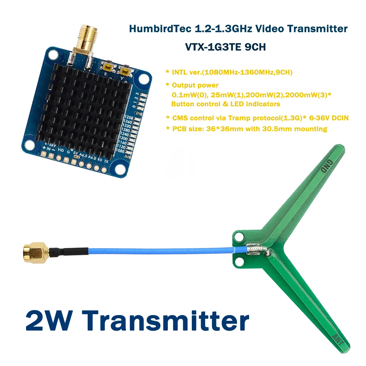 Video Transmitter 2W VTX-1G3TE 1.2GHz 1.3GHz 2000mW 9CH With Tramp VTX control For FPV Long Range Drones