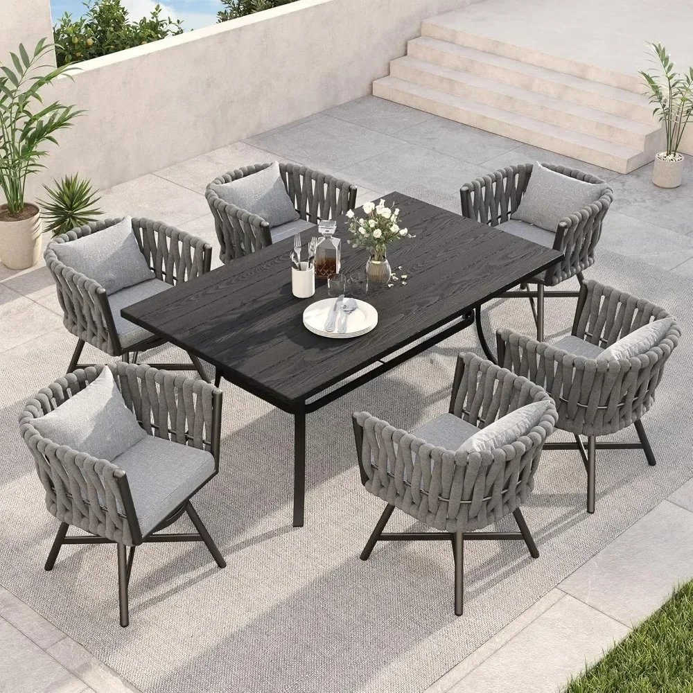 

7-Piece Outdoor Dining Set, Swivel Rope Wicker Chairs & 1 Bent Legs Dining Faux Woodgrain Table ,Patio Dining Furniture Sets