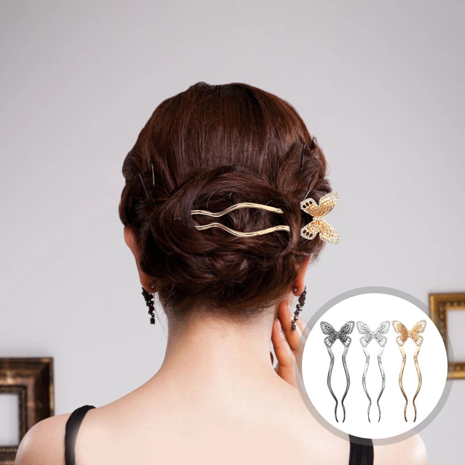 

3pcs Metal U-Shaped Hair Pins Butterfly French Hairpin Vintage Forks Sticks Elegant Secure Comb Wedding Party Chignon Pins Bun