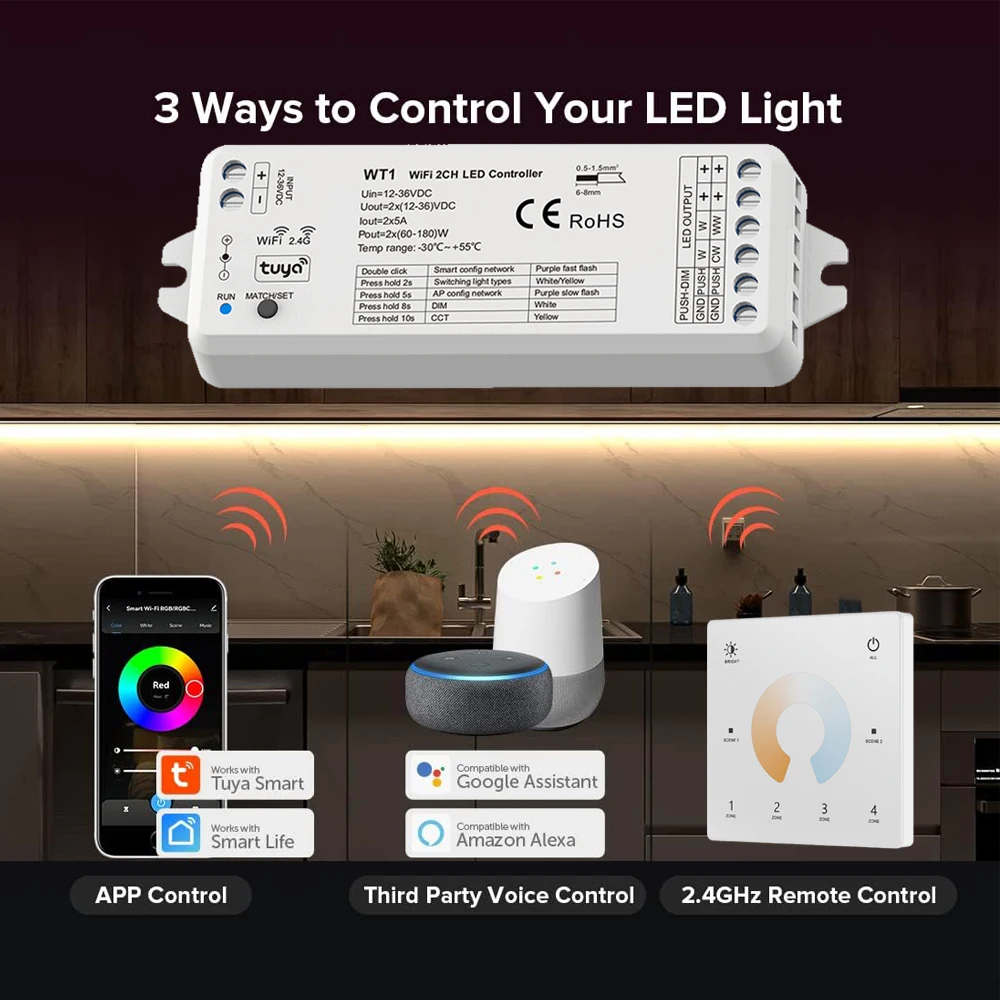 CENFAYA WIFI RF 2CH LED Controller DC 12V 24V Smart Dimmer Work With Amazon Alexa Google Assistant RF 4 ZONE 2.4G Remote Control