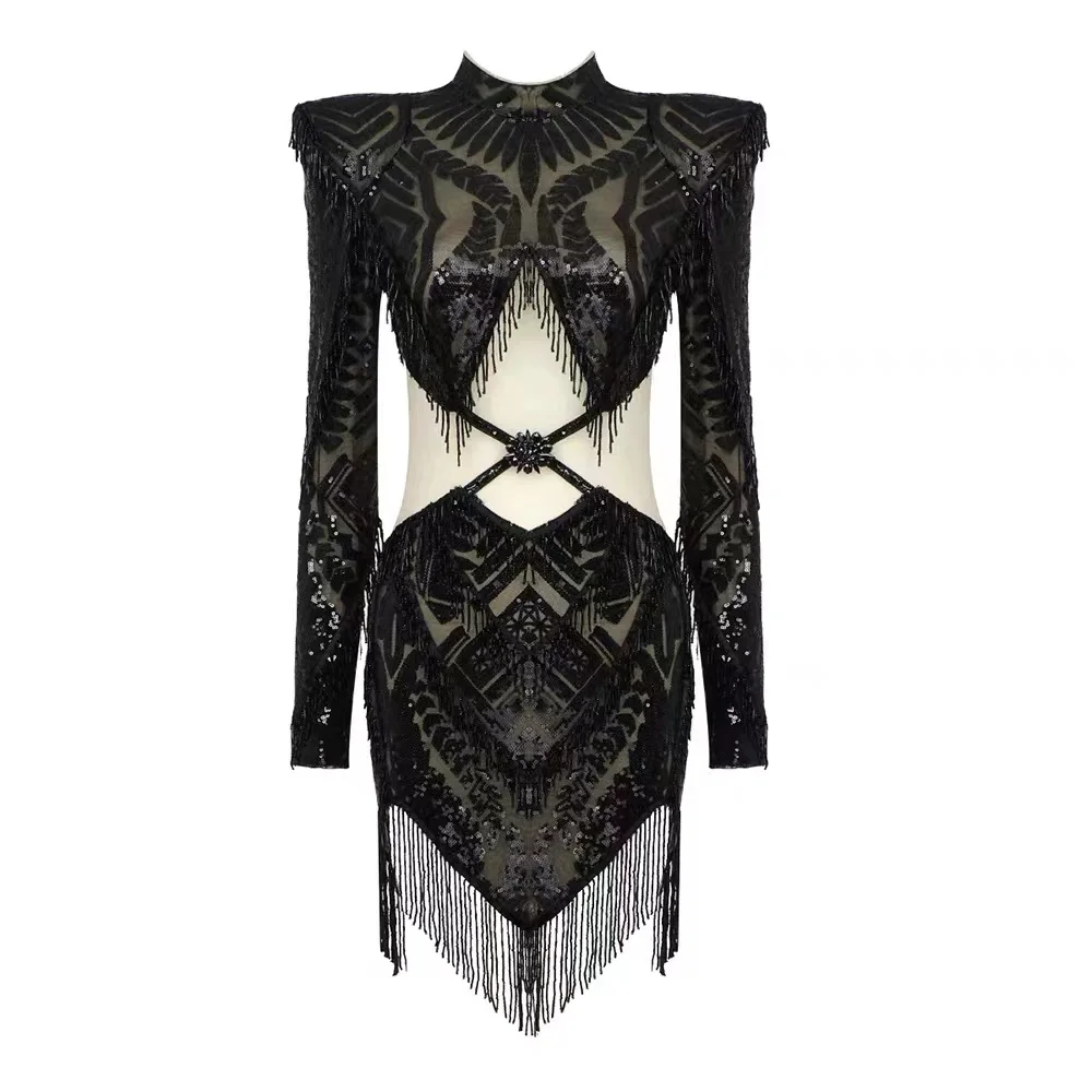 Fashionable Lace Embellished Tassels Irregular Black Exquisite Chic Sequins Women\'s Mini Dress Sexy Evening Party Costume Wear