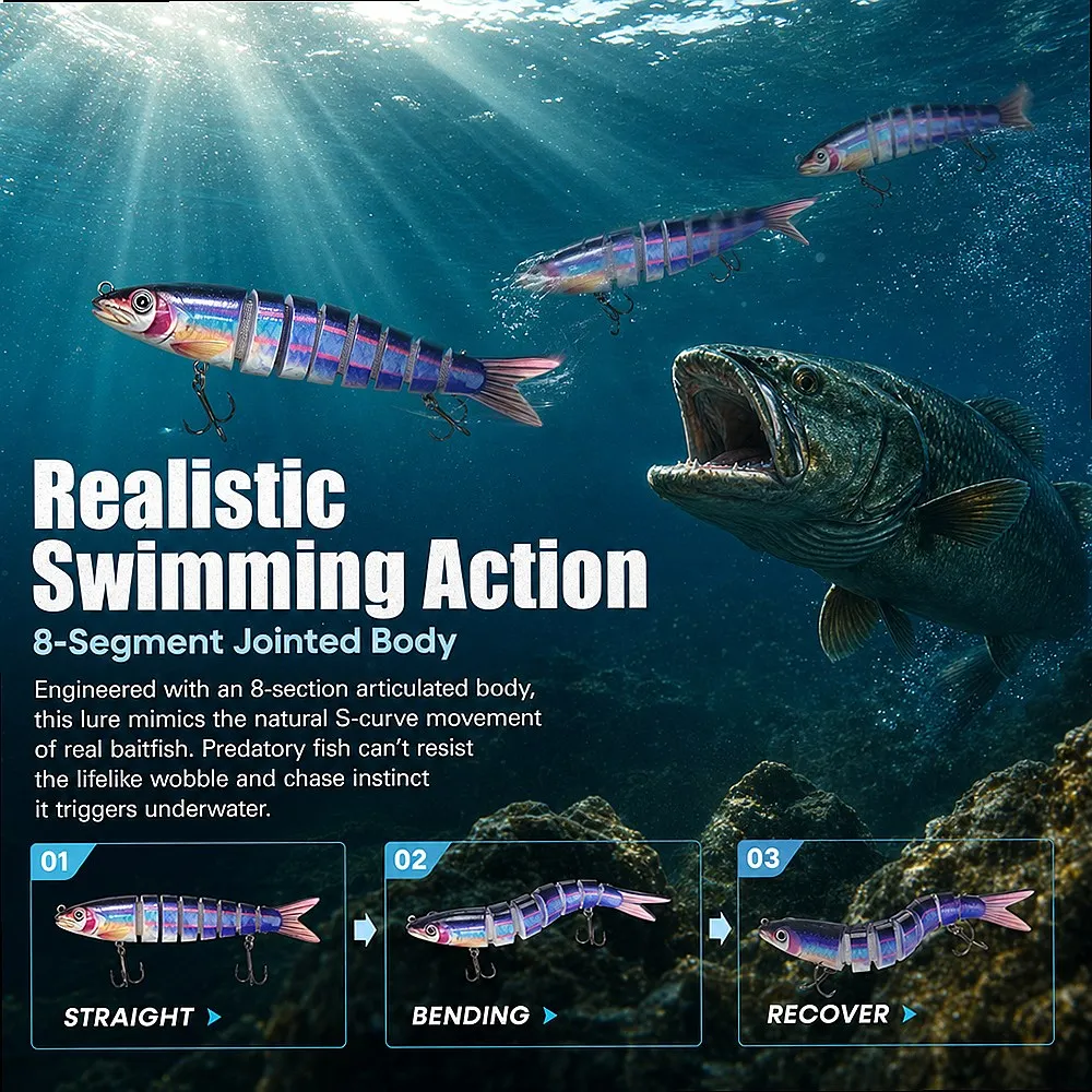 8-Jointed Swimbait 3/5/10 Pack Realistic Hard Bait Internal Rattle 3D Eyes for Bass Trout in River Current