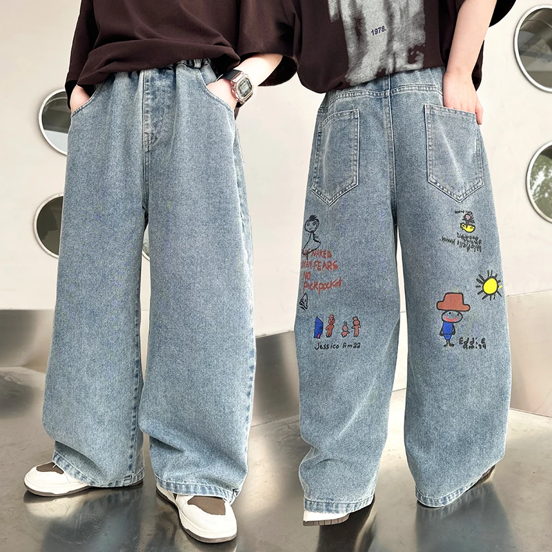 

New Autumn Boys Girls Fashion Cartoon Jeans Trousers Korean Kids Child Loose Straight Denim Pants 5 6 7 8 9 10 11 12 13 14 Year