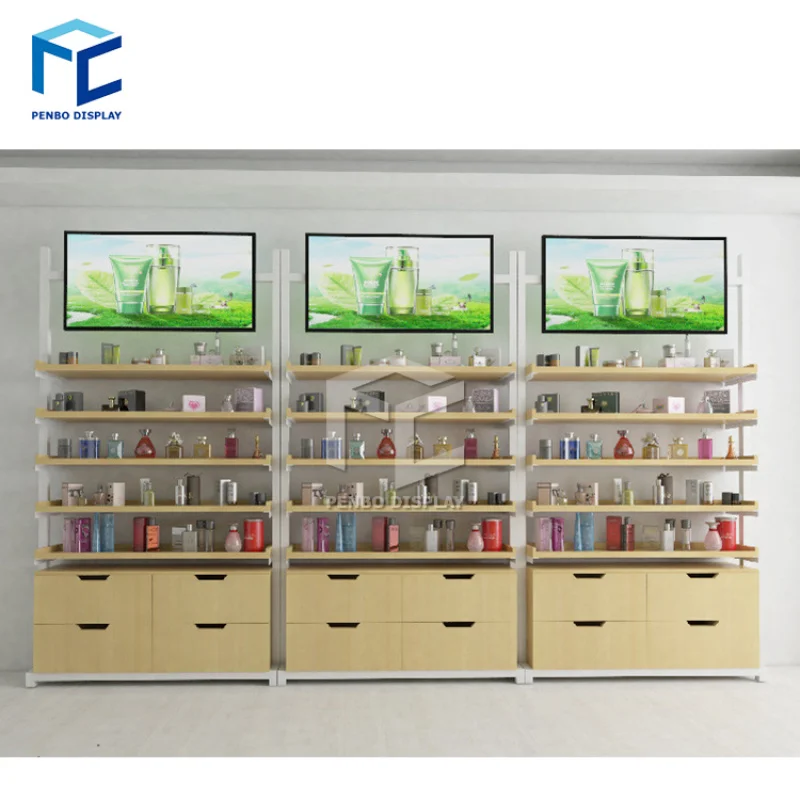 

2025customized.Custom MDF wooden cosmetic stand make up perfume shop design display showcase cabinet