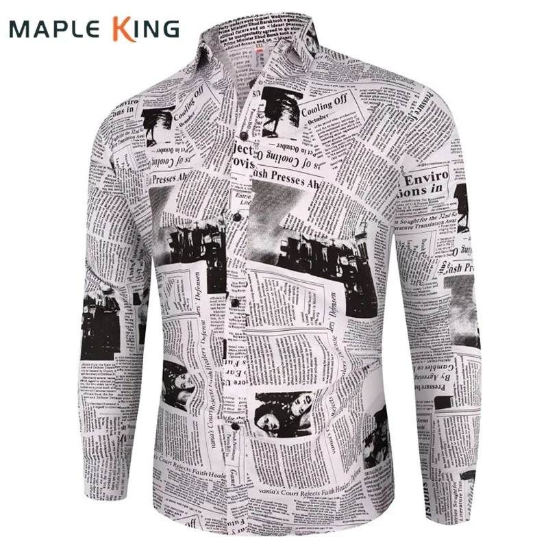 Camisas a cuadros de negocios para hombres, vestido Vintage de manga larga con estampado de periódico, camisas florales sociales, nueva llegada,