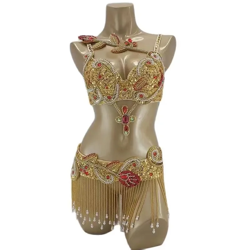 Flower Women Belly Dance Suit Costume di carnevale reggiseno di lusso e cintura Set nappa Nightclub Singer Show Stage Wear Samba Rave Outfit