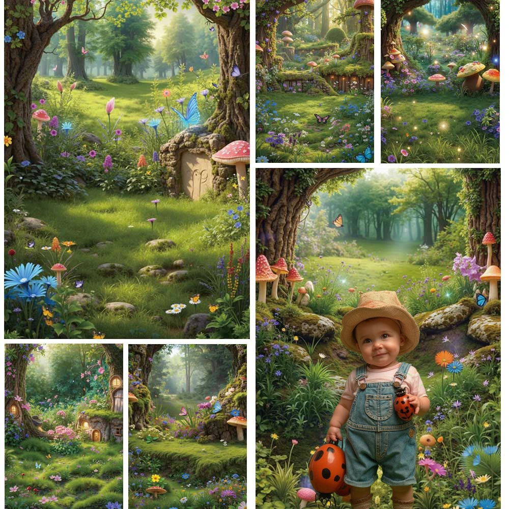 

MOON.QG Magical Woodland Photography Background Mushrooms Butterflies Tree Doors Bbirthday Backdrop Kids Poster Photoshoot Wall