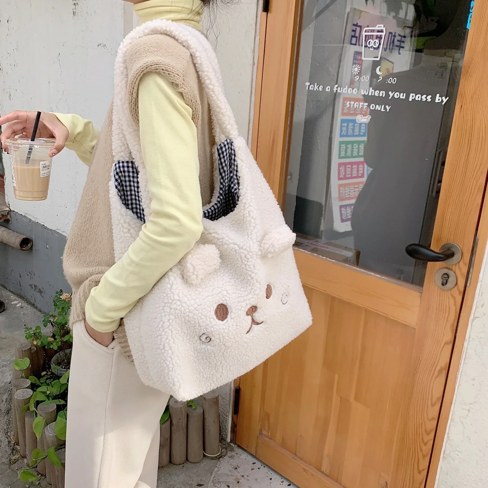 Cute Plush Tote Bag Bear Ears Girl Tank Top Bag Lamb Hair Large Capacity Handbag Embroidery Handbag Fashion Shoulder Bag