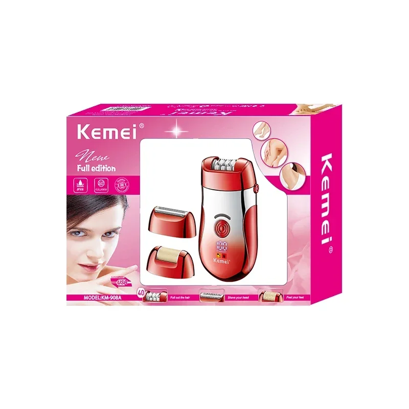 Kemei Km-908A Woman Hair Remover Razor Usb Rechargeable 3 In 1 Women Hair Removal Electric Razor For Hair Removal