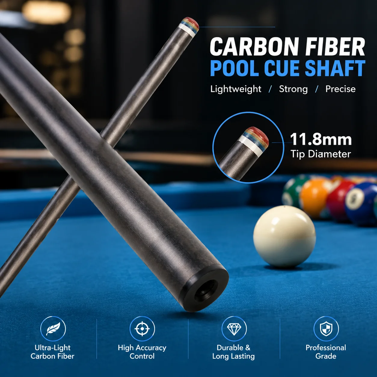 Carbon Fiber Pool Cue Shaft 11.8mm Tip 3/8-8 Radial Pin Joint Pro Taper High Stiffness Lightweight for 8/9 Ball Billiard