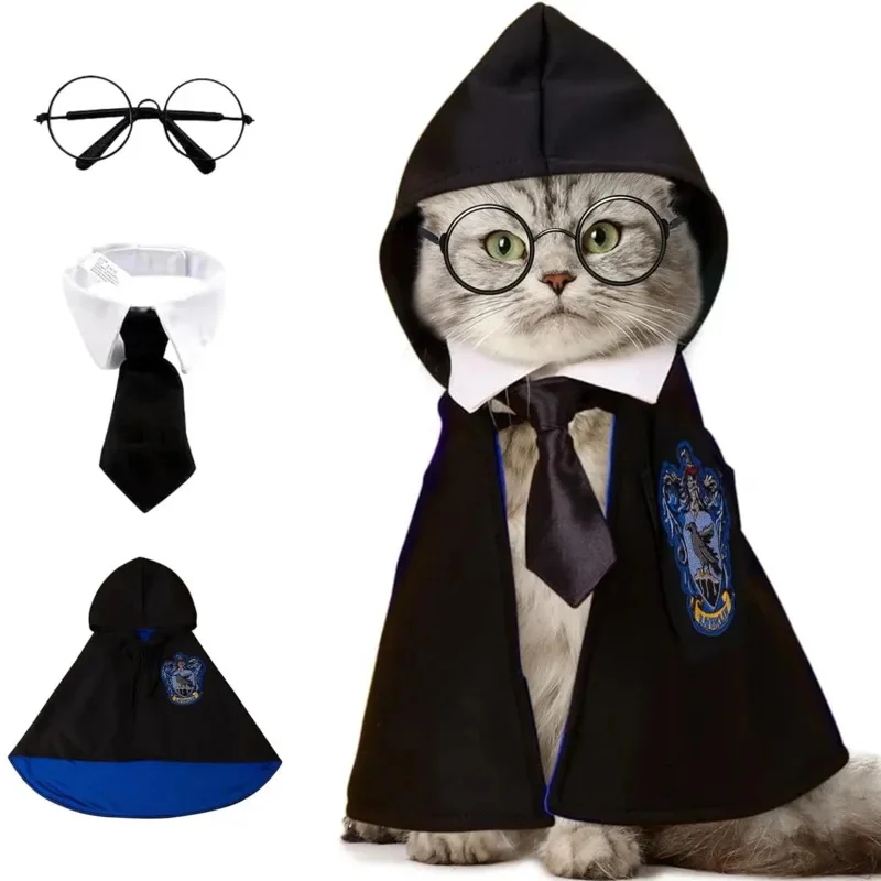 

Magic Pet Cloak Halloween Costume Cat And Small Dog Cosplay Outfit With Glasses Necktie, Shawl Autumn Dress-Up Clothes For Pet