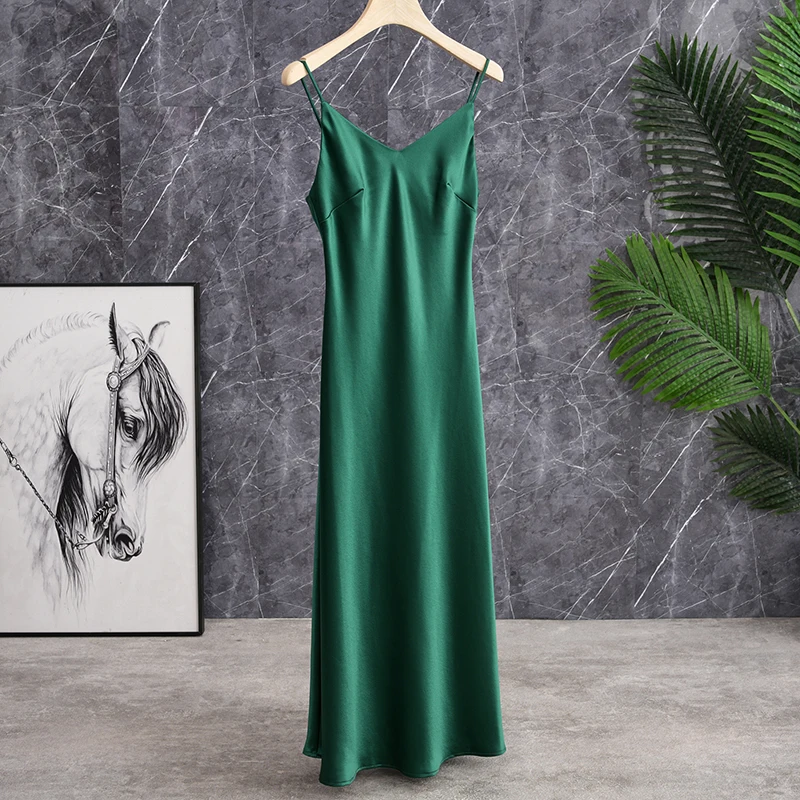 

Stunning Long Gown Elegant Draped Body Shape Acetate Satin Halter Dress V Neck a Line Skirt High Waist Spring Summer Dress