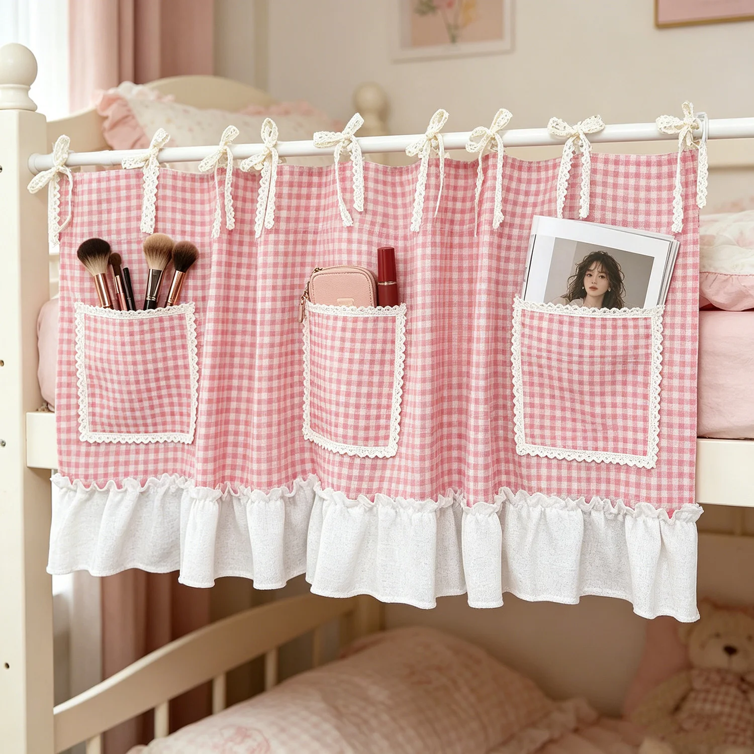 Pink Gingham DIY Storage Pocket Short Curtain Lace Ruffle Tab Top Cottagecore Half Curtain for Bunk Bed Kitchen Oven Cabinet