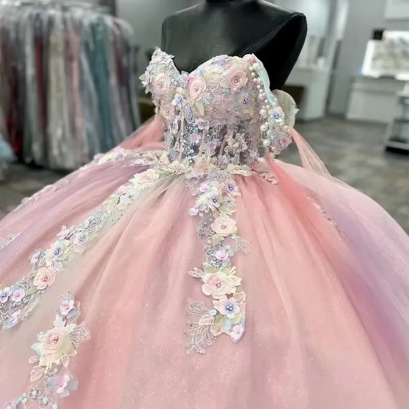 Elegante Vestido de Quinceañera Color Coral para Niña, Falda Abullonada con Apliques de Flores, Vestido de Fiesta Largo para Mujer, Vestido de Graduación, Cumpleaños, 15 16 Años