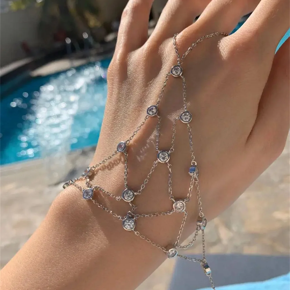 Pulsera de malla hueca de Plata de Ley 925 para mujer, abalorio de dedo de enlace, chapado en oro, circonita cúbica, joyería de boda para fiesta