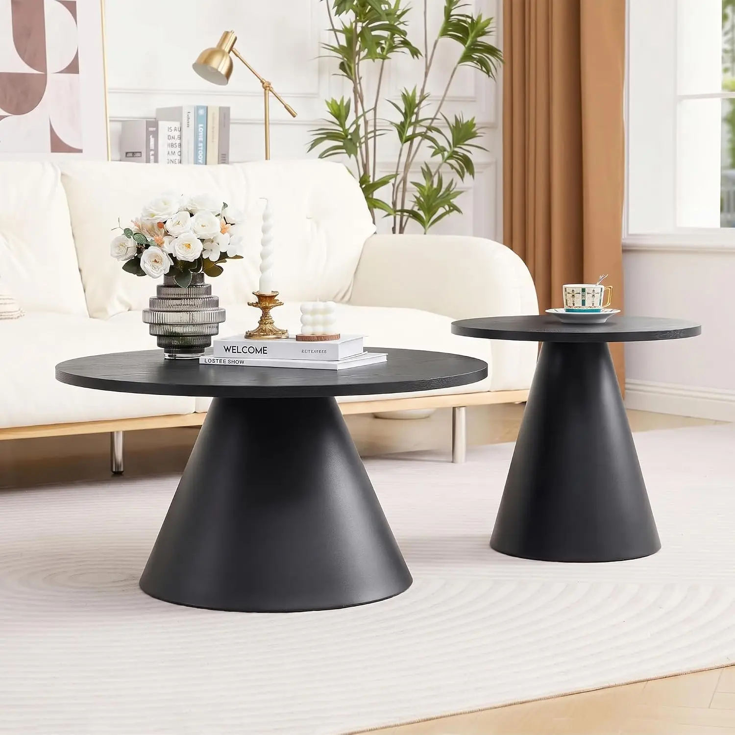 Round Nesting Coffee Table Set 2 Modern Side Tables Living Room Melamine Top Steel Base Black, Customized