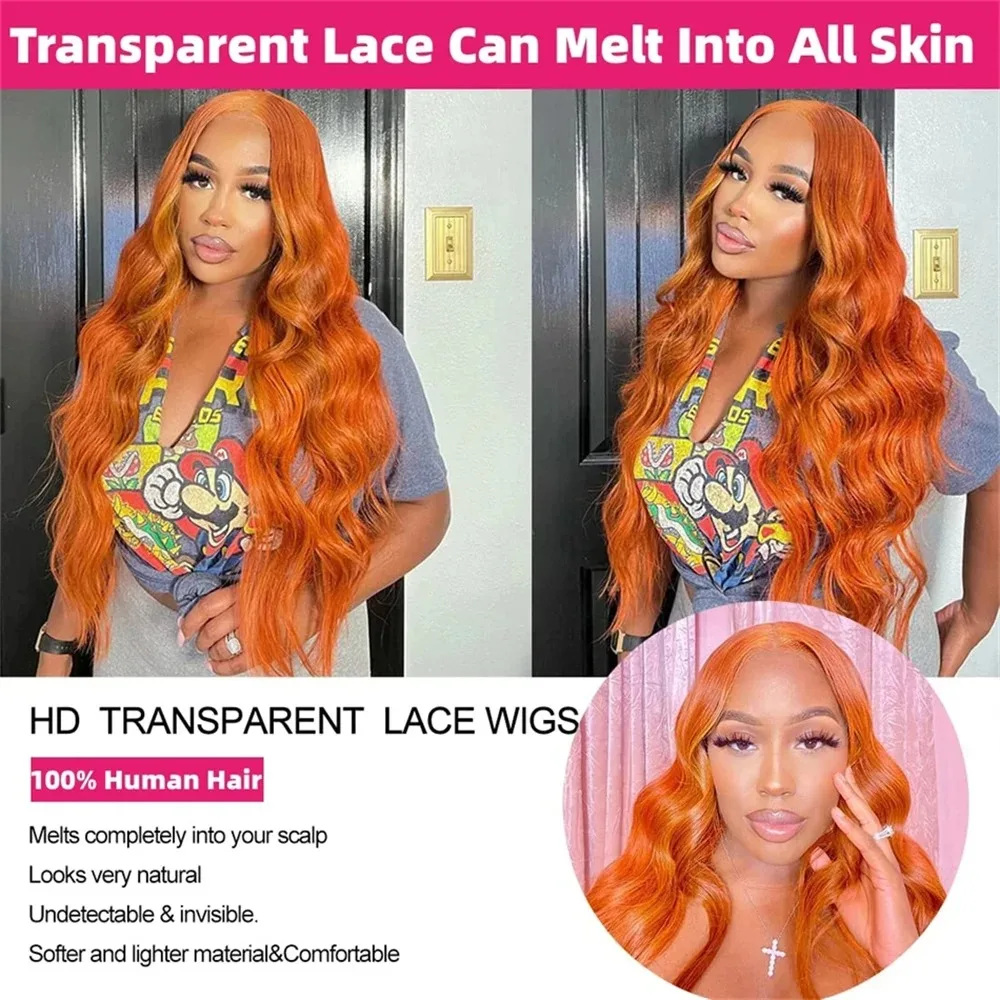 Ginger Orange Body Wave 13x6 HD Lace Front Human Hair Wigs Transparent 220 Density 13x4 Lace Frontal Human Hair Wigs For Women