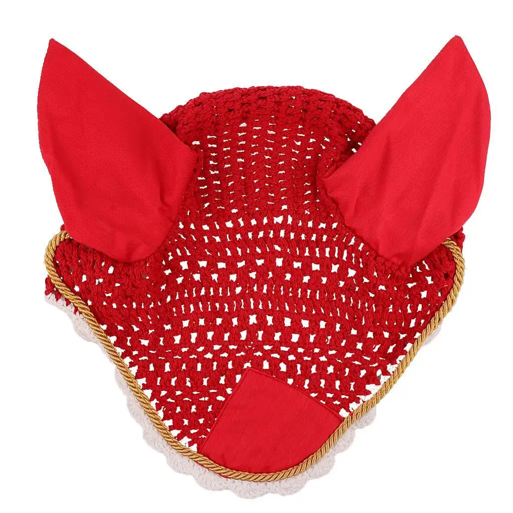 

Soft Cotton Hand Crochet Breathable Fly Veil with Ears for Horse Red