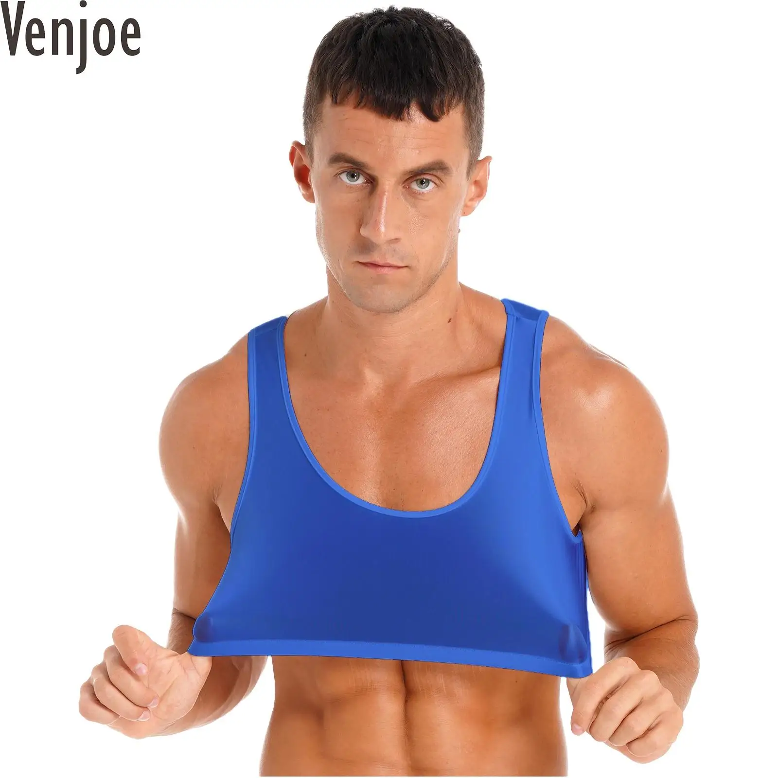 

Mens Glossy Cropped Tank Top Solid Color Round Neck Sleeveless Stretchy Vest Muscle Tops Swimwear Nightwear Workout Sportwear