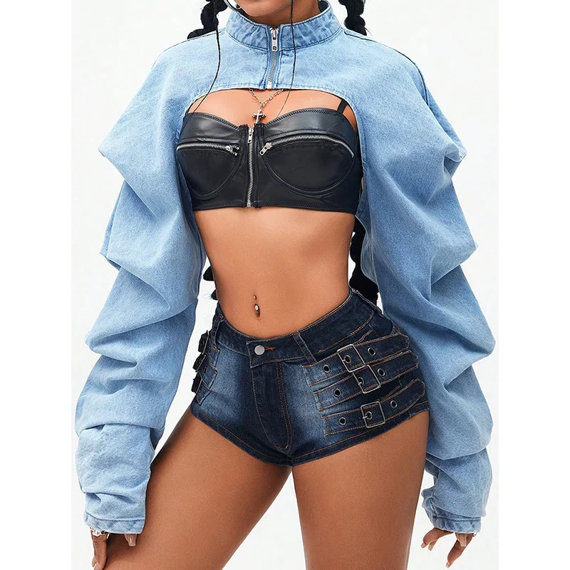 베뉴인피 스탠드 칼라 지퍼 슈퍼 숏 데님 재킷 여성용 2026년 봄 신상 2000년대 스트리트웨어 긴팔 크롭 아우터웨어