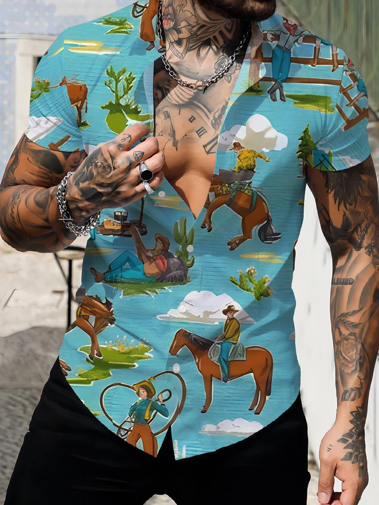 

Street Vintage Beach Shirt Simple Loose Casual Shirt Summer Men's Short Sleeve Shirt Horse 3d Digital Printing Fashion Shirt