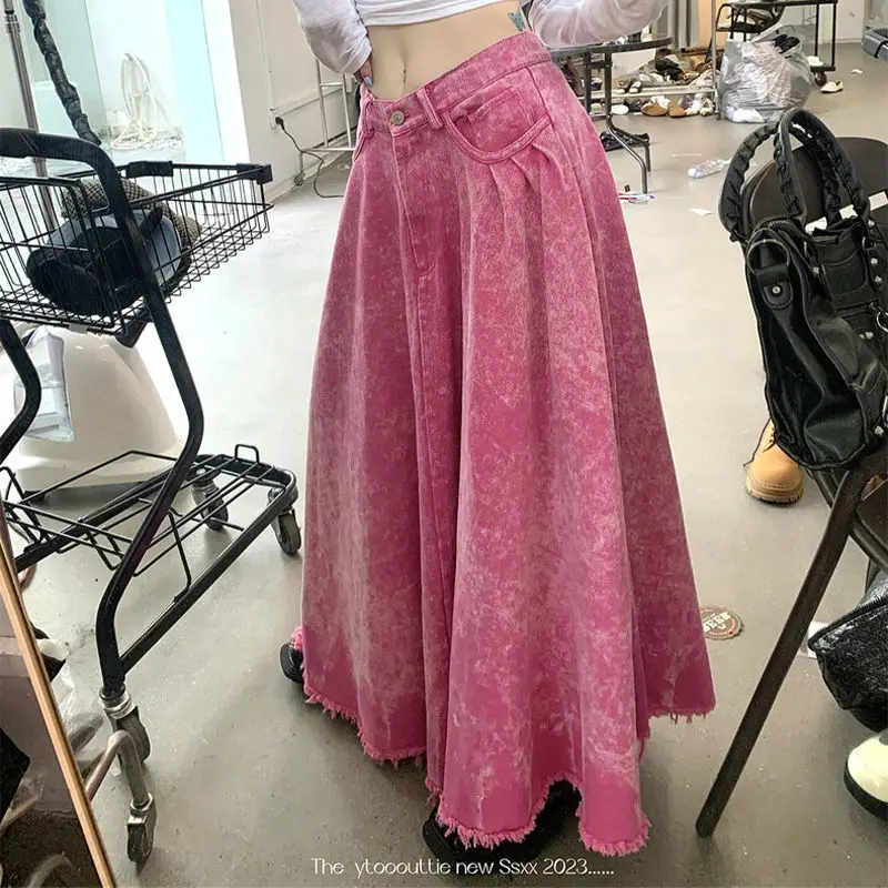 Washed A-Line Denim Skirt Women Spring Summer New Niche Design Dopamine Wear Low Waist Slim Floor Long Skirt