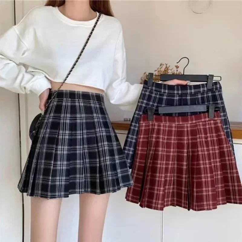 2024 Women Fashion Korean Style JK Mini Skirts Girls Red Grey Plaid Pattern Dress Female Versatile A Line Zipper Pleated Skirts