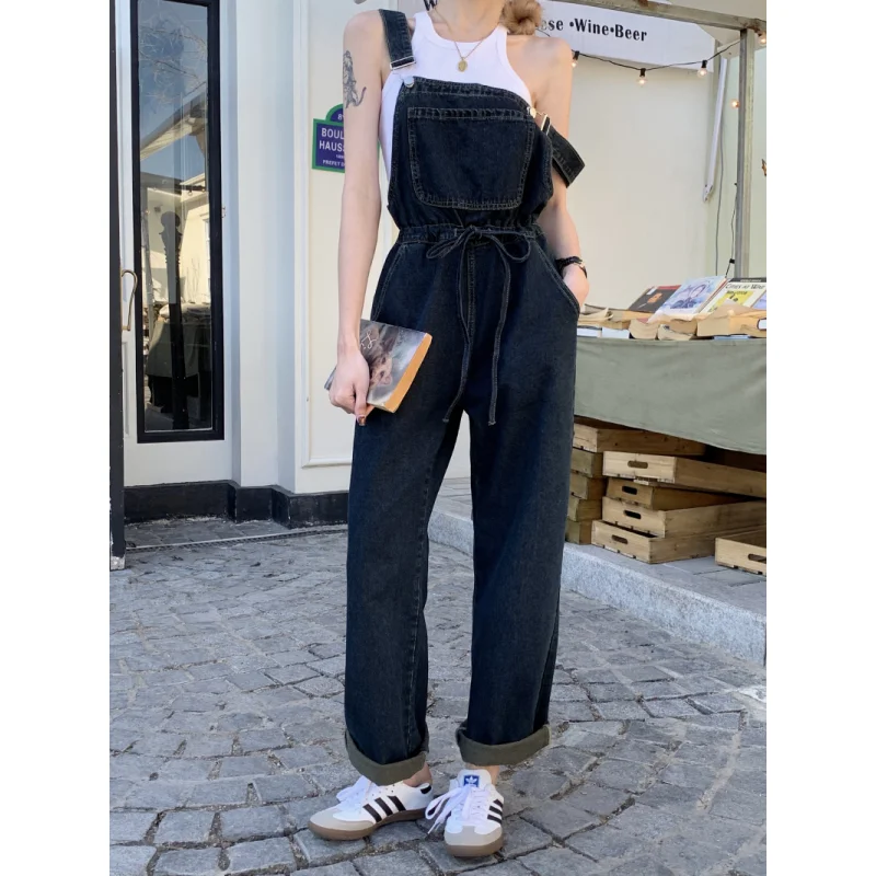 

Blue High Waist Overall Jeans for Women Chic American Fashion Streetwear Wide Leg Jean Female Trouser Y2K Baggy Denim Pants