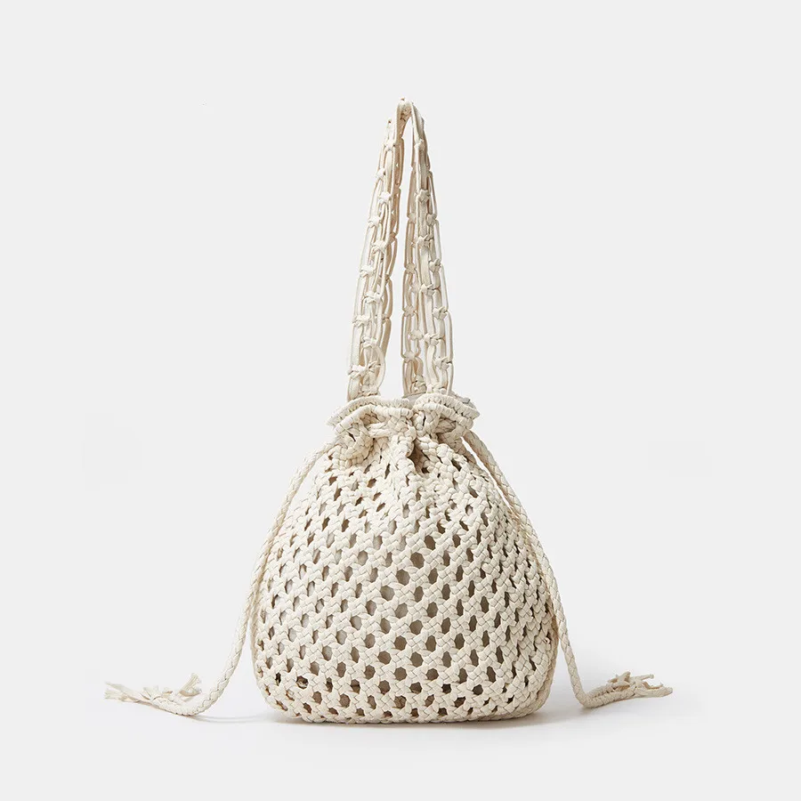 Casual Cotton Woven Crossbody Shoulder Bags Women Drawstring Crochet Summer Beach Bucket Handbags Ladies Knitted Shopper Totes