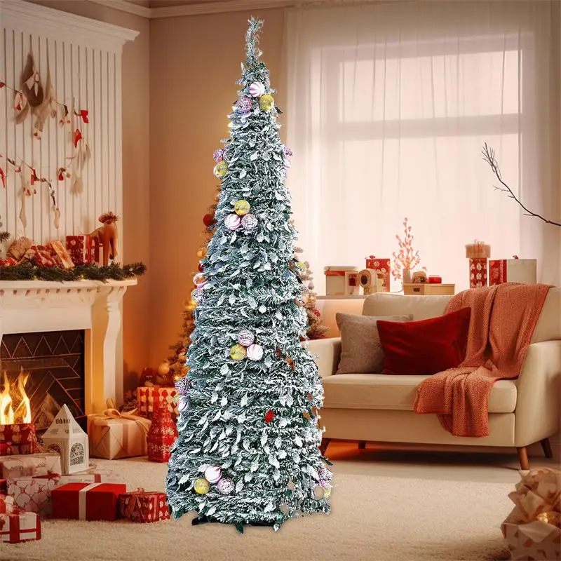 1.8M Foldable Christmas Tree Artificial Pencil Pop-Up Tree Decorations Pre Decorated Artificial Christmas Tree for Home Dorm