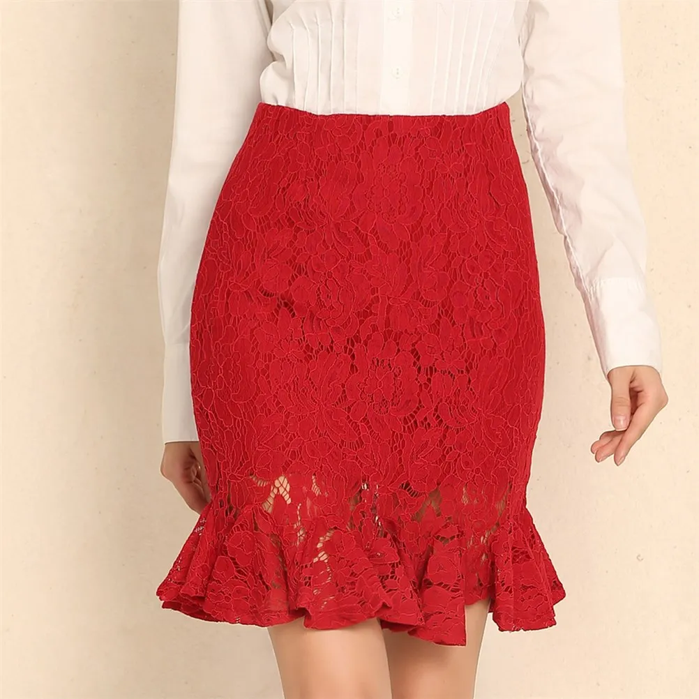 Neue Büro Spitze Rock Frauen Sexy Hohe Taille Bleistift Rock Einen Schritt Formale Rüschen Rock Größe S-5XL