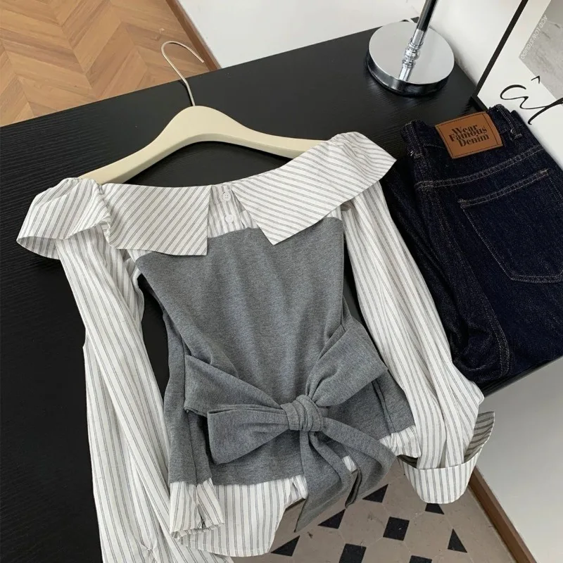 

Fake Two Piece Patchwork Striped Shirt for Women Japanese Sweet Casual Blusas De Mujer Autumn New Slim Fit Long Sleeve Blouses