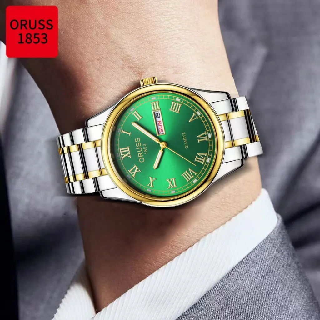 

ORUSS Men's Quartz Watch with Roman Numerals, High-end and Handsome Stainless Steel Band, Durable Dual Calendar, Business Casual