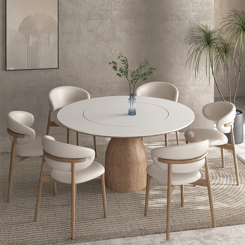 Round dining table with log rock plate household cream wind belt turntable can rotate white dining table.