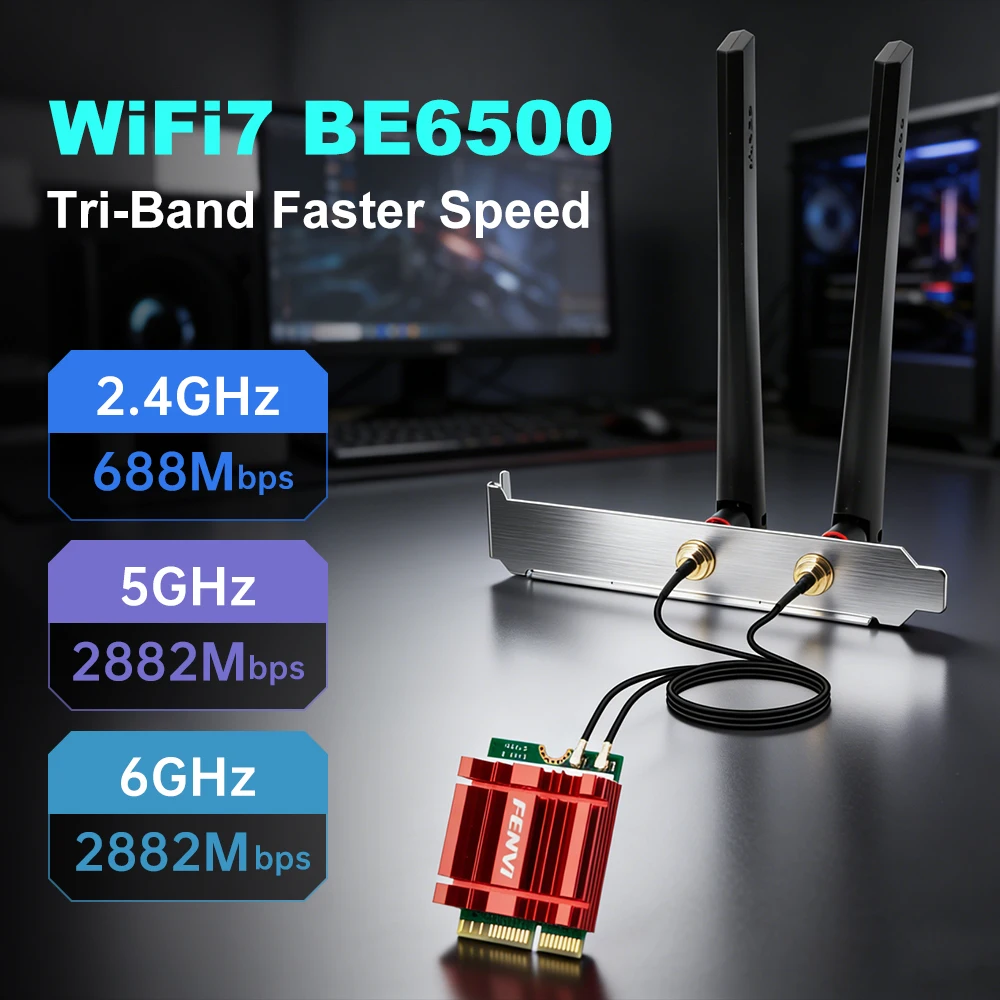FENVI WiFi 7 MT7925 BT5.4 M.2 WiFi Card Network Adapter 6500Mbps 802.11BE 2.4G/5G/6Ghz Wireless Ethernet Adapter For Win10/11