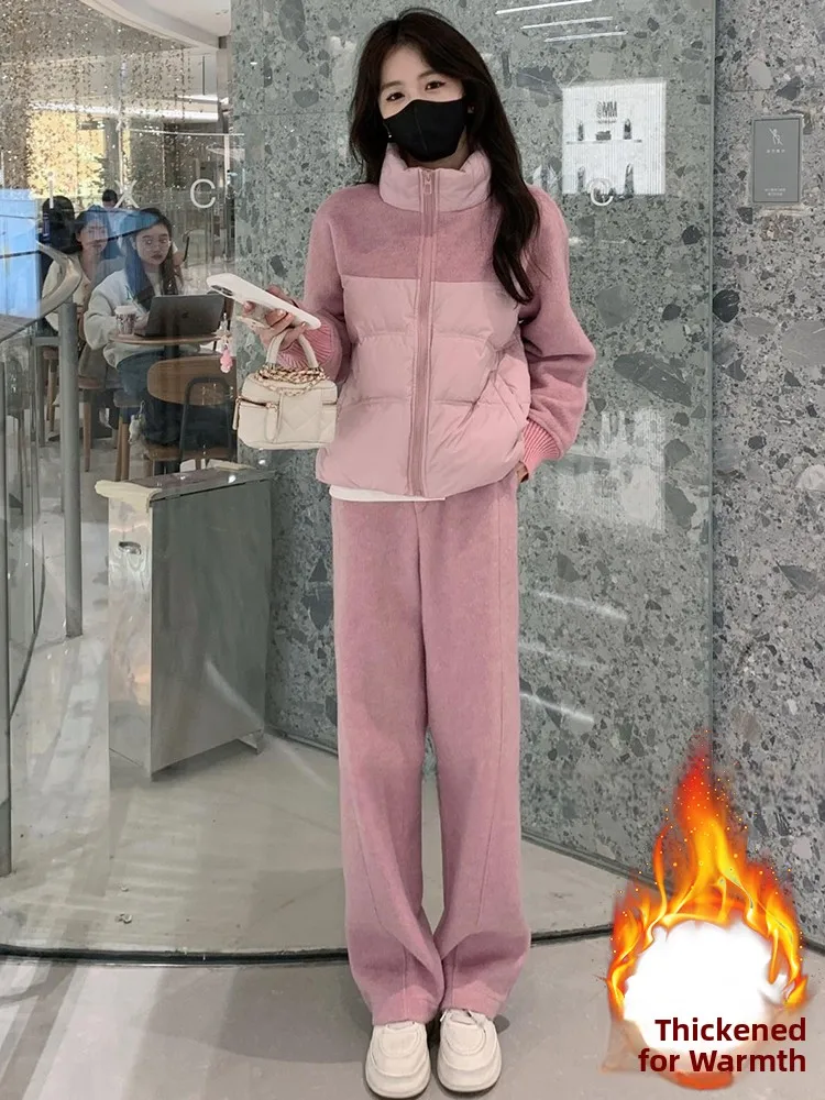 Faionable Warmth Conjunto de invierno para mujer Jaet de algodón Traje informal de dos piezas Pantalones largos Cierre de cremallera Ajuste cómodo