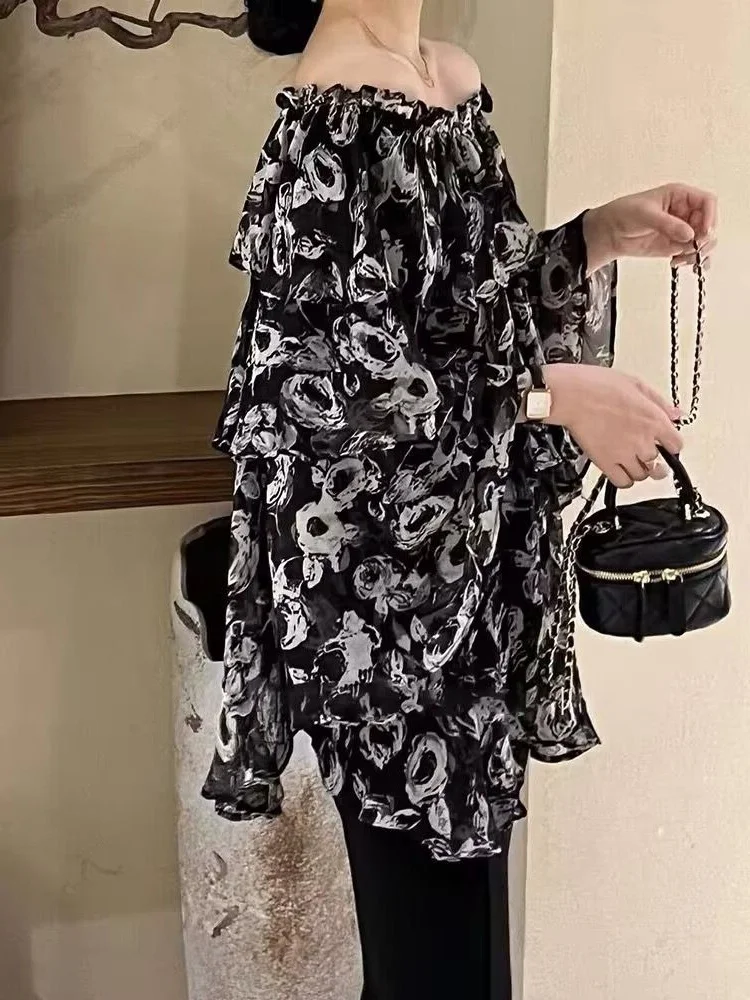 

plus Size Women's Fashionable Floral Print Chiffon Shirt One Shoulder Design Spring Commute Style Loose Fit Long Sleeve Top