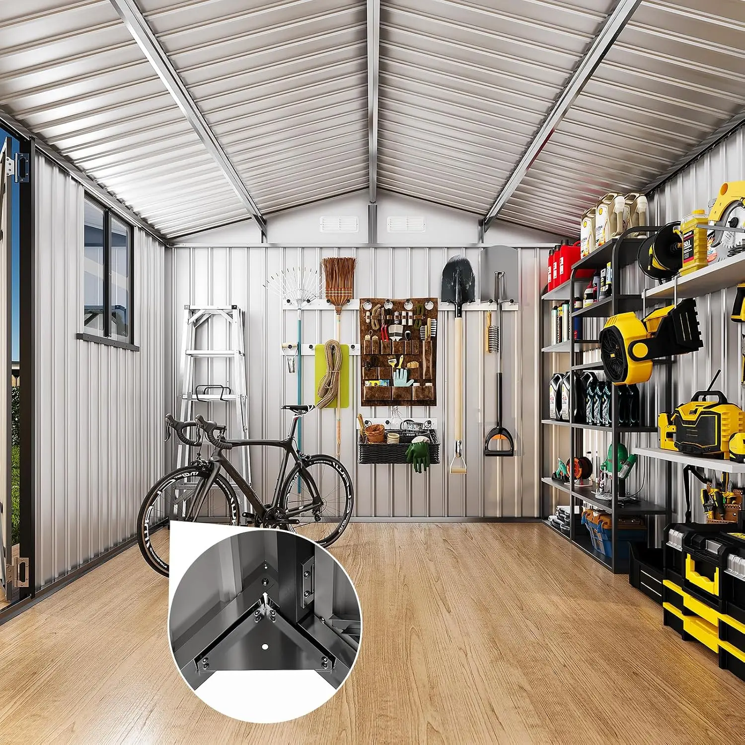 6x8 ft Metal Shed Lockable Door Window Galvanized Steel Outdoor Sloped Roof Backyard Garden Patio, Customized